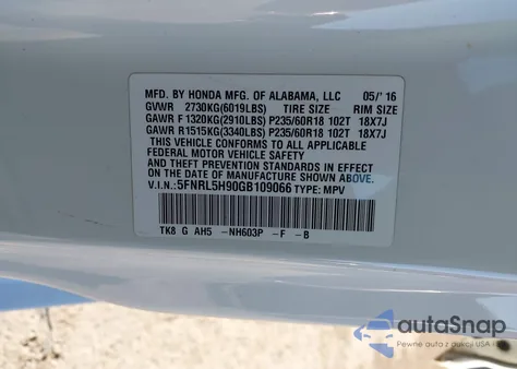 2016 Honda Odyssey Touring/Touring Elite z USA, uszkodzony, nr VIN 5FNRL5H90GB109066